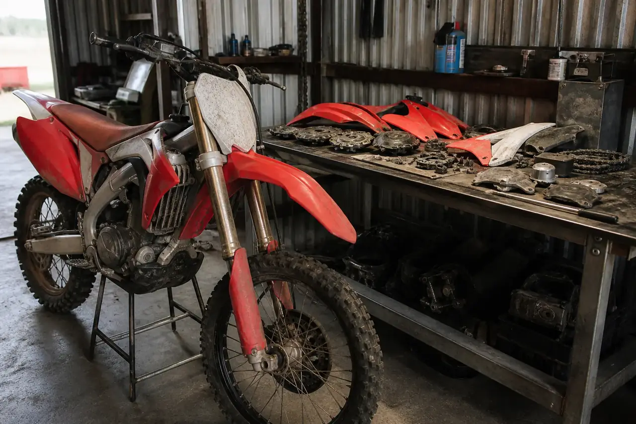 late-model Honda CRF450R-style motocross bike and used parts bench in an Australian workshop