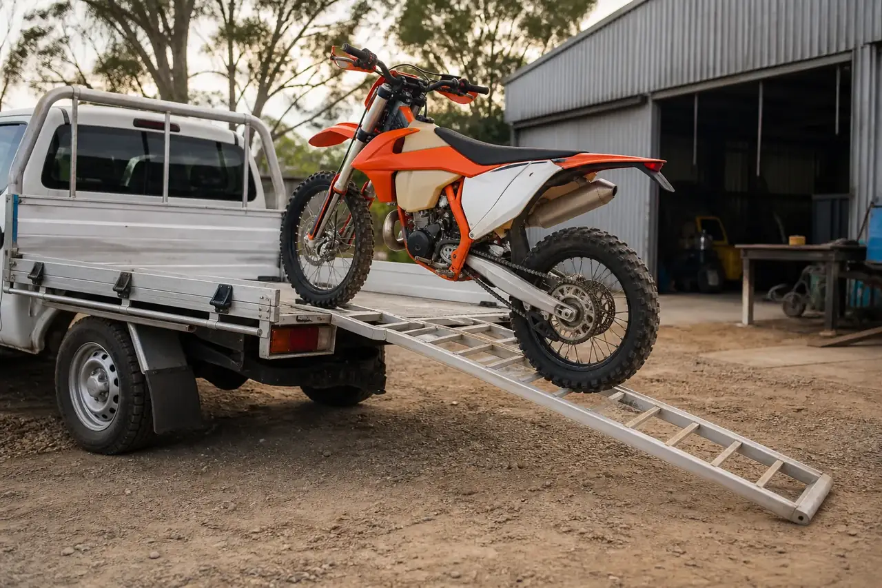 late-model KTM 300 EXC-style enduro motorcycle being loaded onto an Australian ute