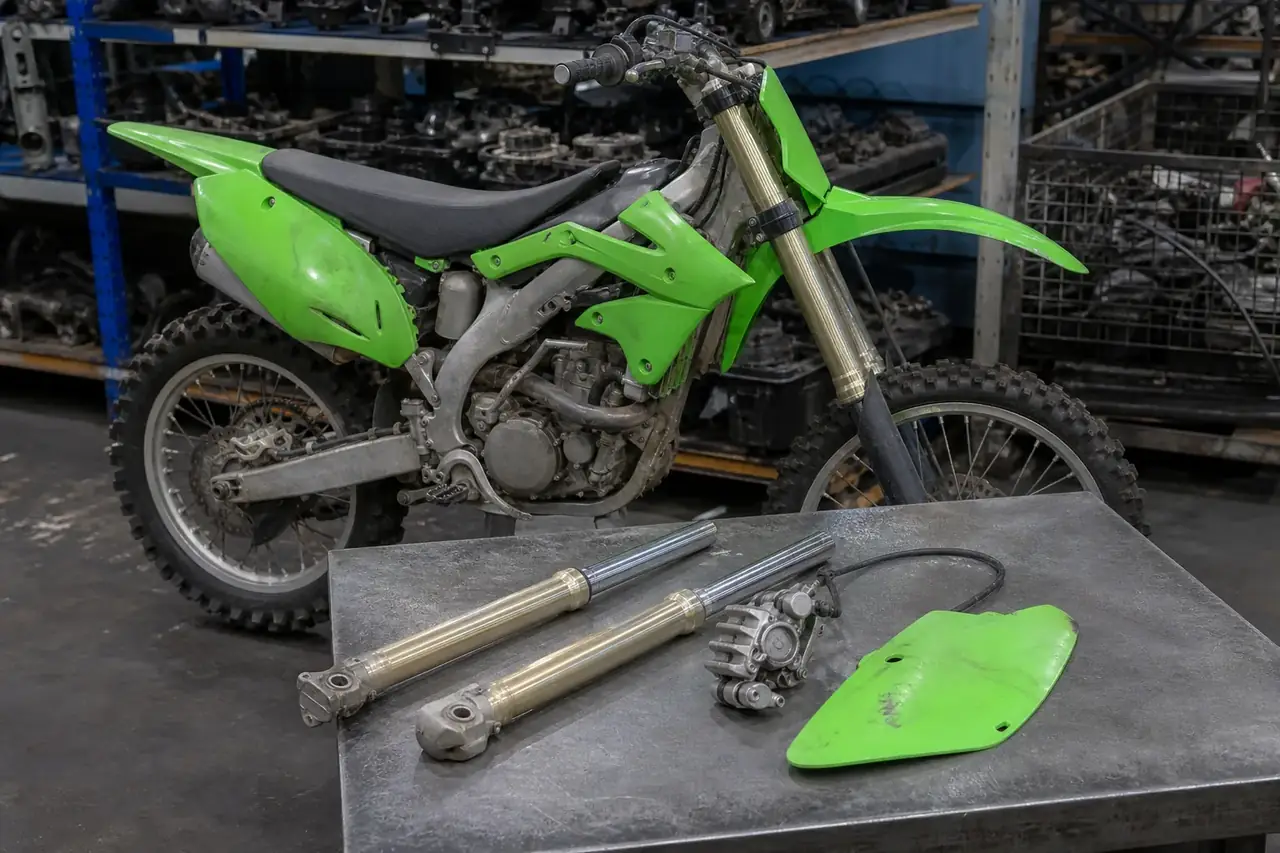 late-model Kawasaki KX250-style motocross motorcycle and assessed used components in an Australian workshop