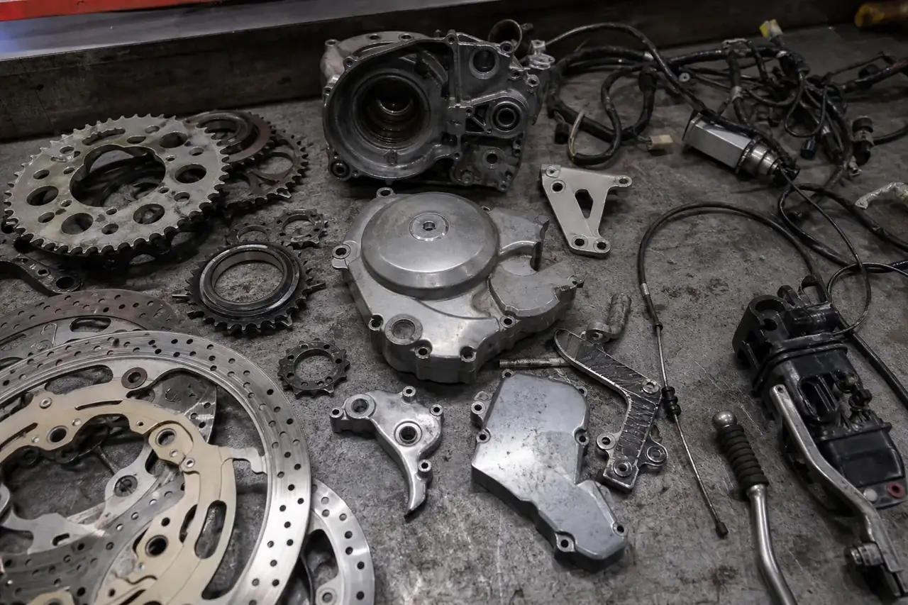 used off-road motorcycle components assessed on an Australian workshop parts bench